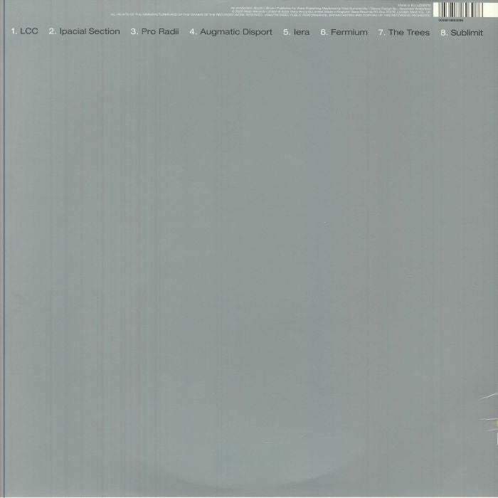 Minimalist gray vinyl record cover with tracklist numbered 1 to 8 in black text on top