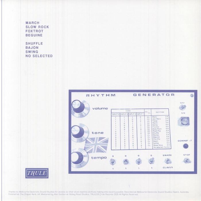 Vintage rhythm generator panel with volume, tone, tempo knobs, rhythm code chart, and on/off switch