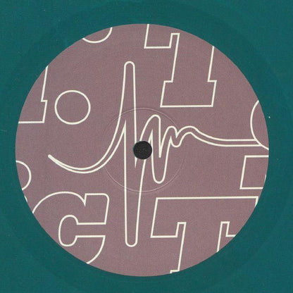 Close-up of vinyl record center label with abstract waveform and geometric text design