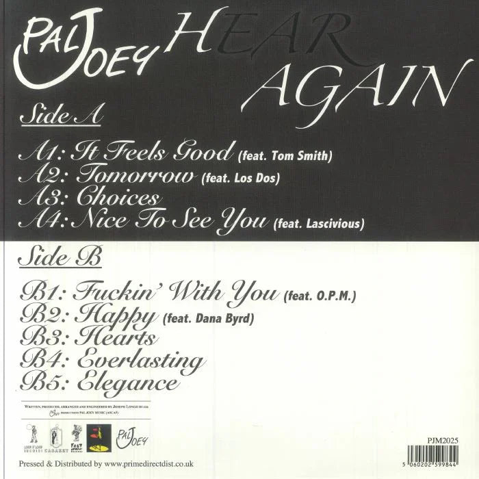 Pal Joey Hear Again album tracklist, black and white vinyl record back cover with song titles and featured artists.