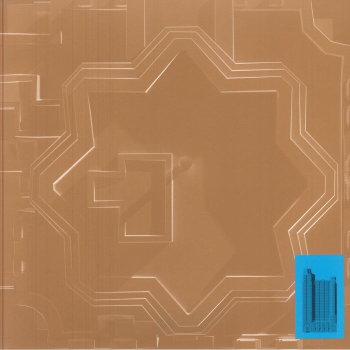 Close-up of a modern architectural beige facade with geometric star pattern and inset blue square featuring skyscrapers