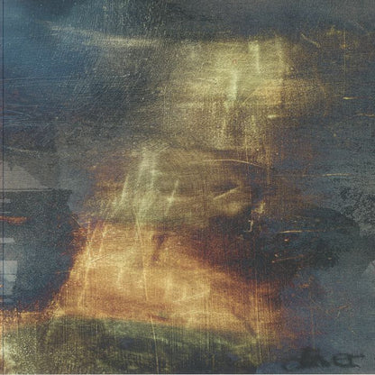 Abstract textured painting with muted gold, green, and dark tones creating a layered, weathered effect