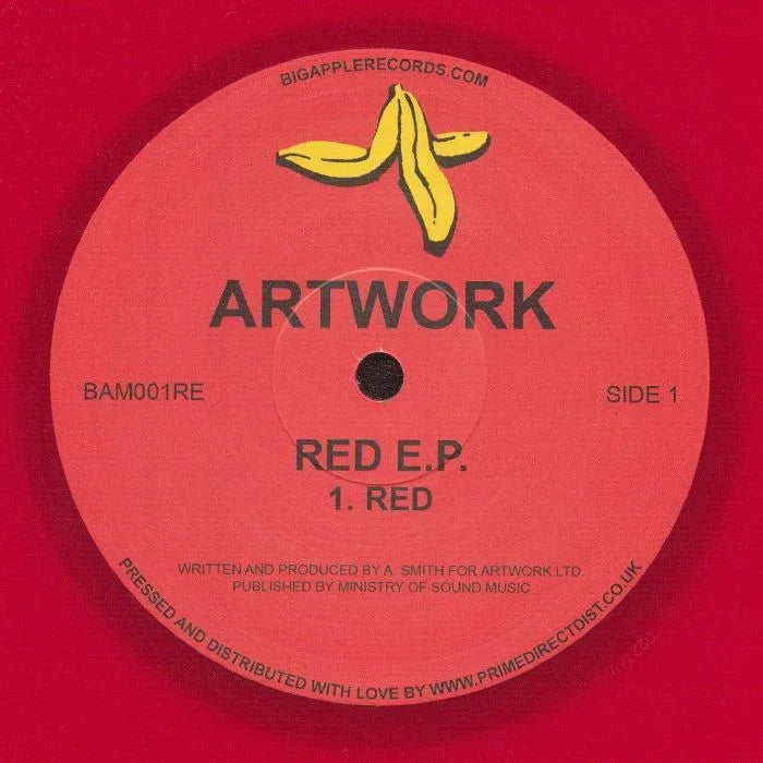 Red vinyl record with yellow banana artwork, ARTWORK Red E.P. Side 1 label design