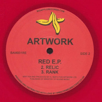 Red vinyl record label for Artwork Red E.P. with banana graphic and tracklist.