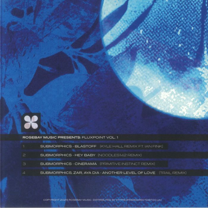 Blue abstract album cover for Rosebay Music's Fluxpoint Vol. 1 with track list of Submorphics remixes