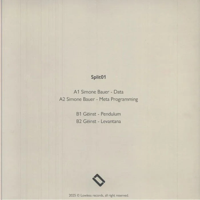 Minimalist vinyl record cover for Split01, tracklist by Simone Bauer and Geïnst, beige background