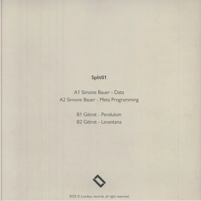 Minimalist vinyl record cover for Split01, tracklist by Simone Bauer and Geïnst, beige background