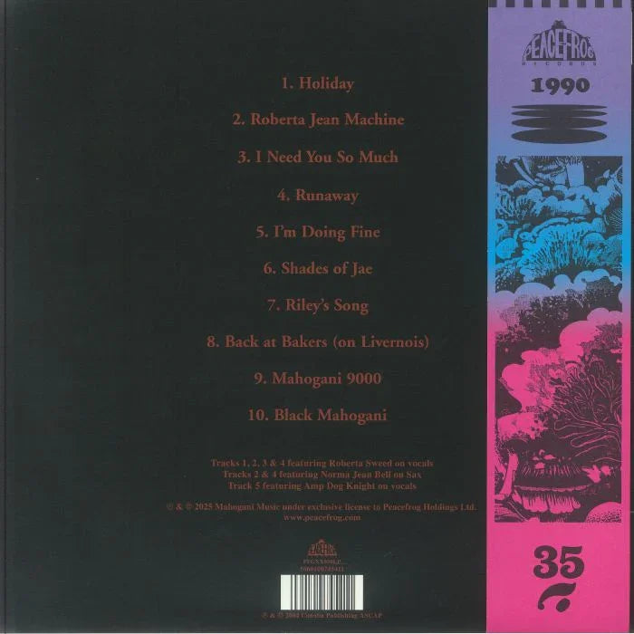 Vinyl record album back cover with tracklist, Peacefrog 1990 graphic, abstract blue and pink artwork, and barcode.