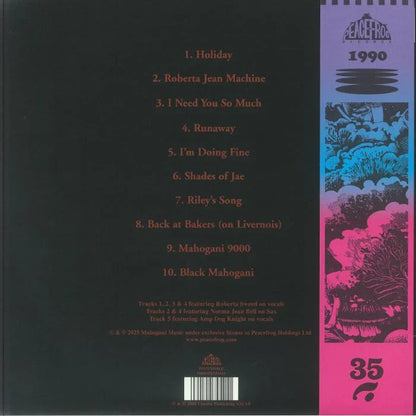 Vinyl record album back cover with tracklist, Peacefrog 1990 graphic, abstract blue and pink artwork, and barcode.