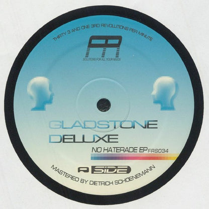 Gladstone Deluxe No Haterade EP vinyl record label with blue gradient and pixelated head icons