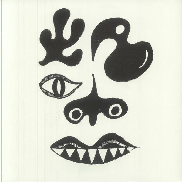 Abstract black and white face illustration with geometric shapes and sharp teeth