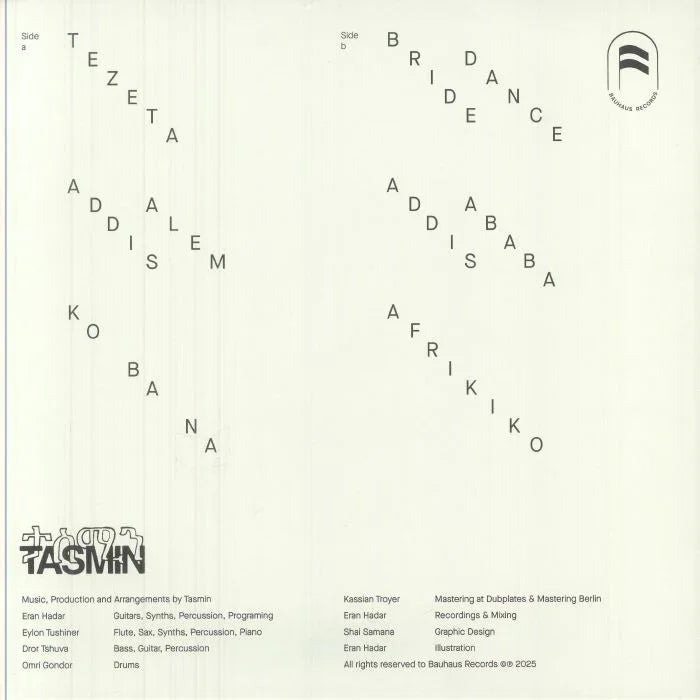 Minimalist vinyl record tracklist featuring diagonal text and monochrome design elements.