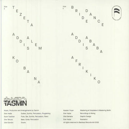 Minimalist vinyl record tracklist featuring diagonal text and monochrome design elements.