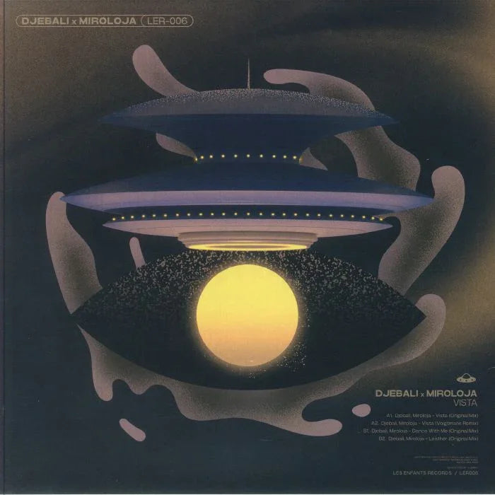 Futuristic spaceship hovering over a glowing yellow orb and abstract eye graphic, album cover art.