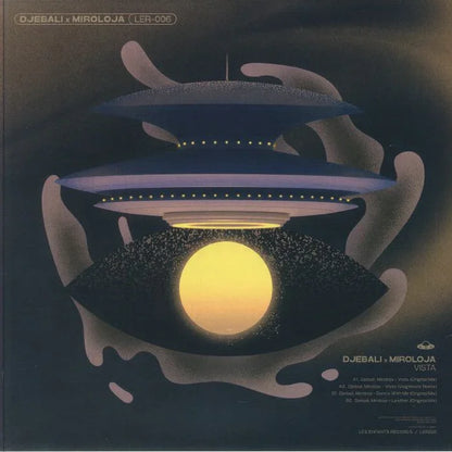 Futuristic spaceship hovering over a glowing yellow orb and abstract eye graphic, album cover art.