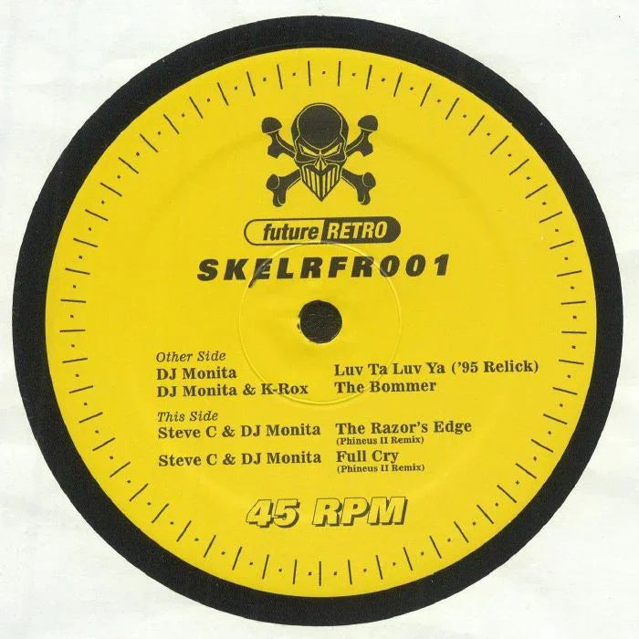 Yellow vinyl record label with skull logo, SKELRFR001, track list, and 45 RPM marking.