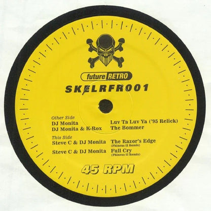 Yellow vinyl record label with skull logo, SKELRFR001, track list, and 45 RPM marking.