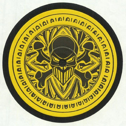 Vinyl record with bold yellow and black skull design and geometric border pattern