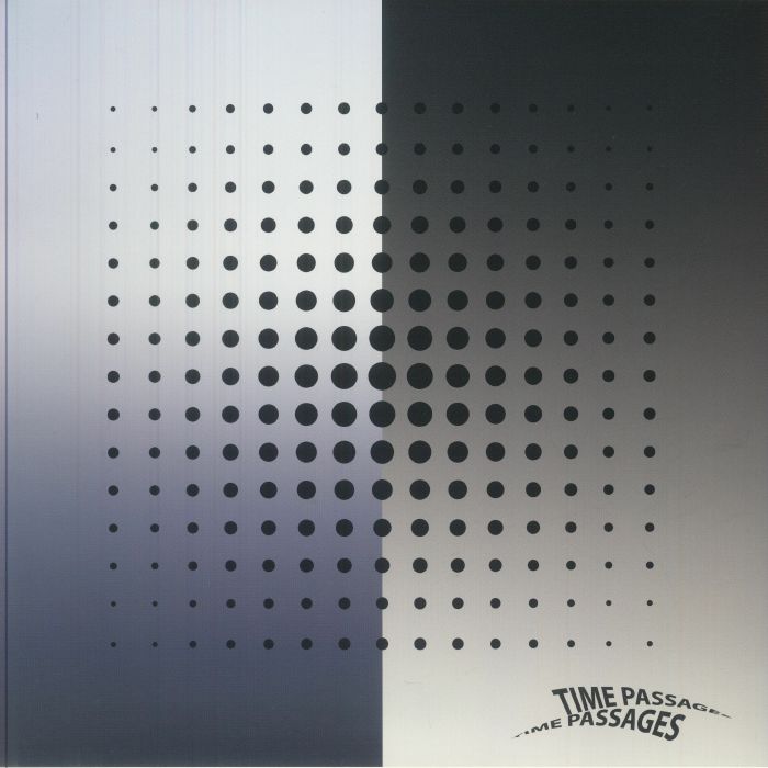 Abstract art with gradient background and symmetrical black dots forming a square pattern with Time Passages text