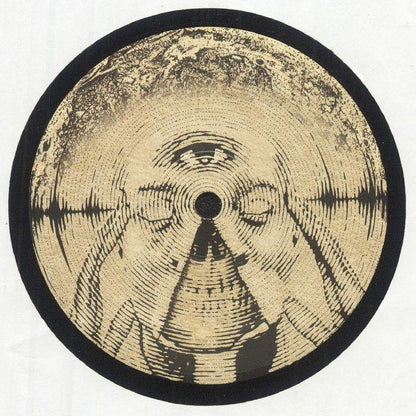 Beige vinyl record with black soundwave pattern and abstract face design on label