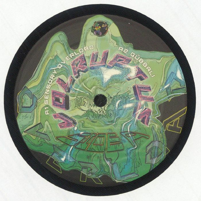 Distorted green vinyl record label with text Vulvaflexm, tracks Sensory Overload and Cubali