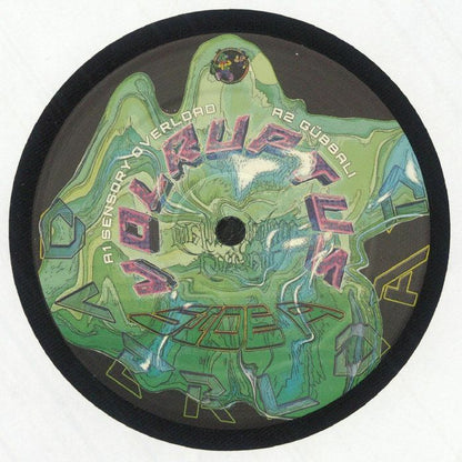 Distorted green vinyl record label with text Vulvaflexm, tracks Sensory Overload and Cubali