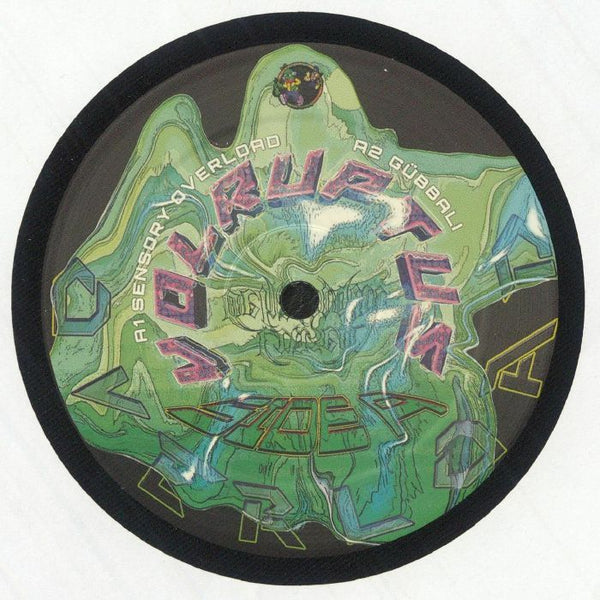 Distorted green vinyl record label with text Vulvaflexm, tracks Sensory Overload and Cubali