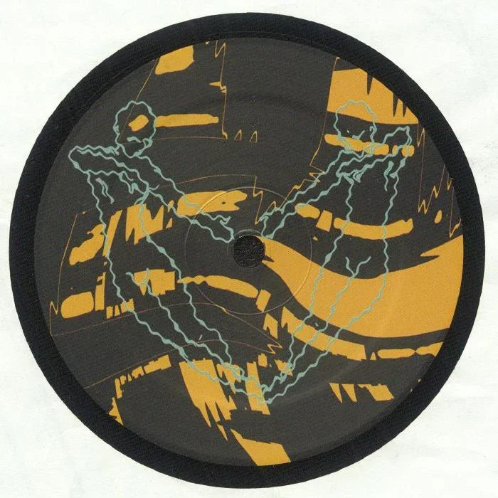 Abstract graphic design on vinyl record with orange and teal line art