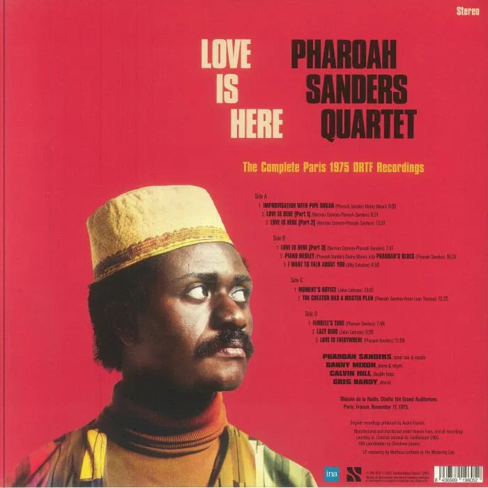 Pharoah Sanders Quartet Love Is Here album cover with portrait, red background, jazz vinyl.