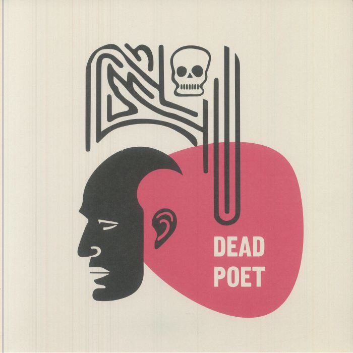 Minimalist graphic featuring a stylized black human head and skull with text 'Dead Poet' on a pink abstract shape