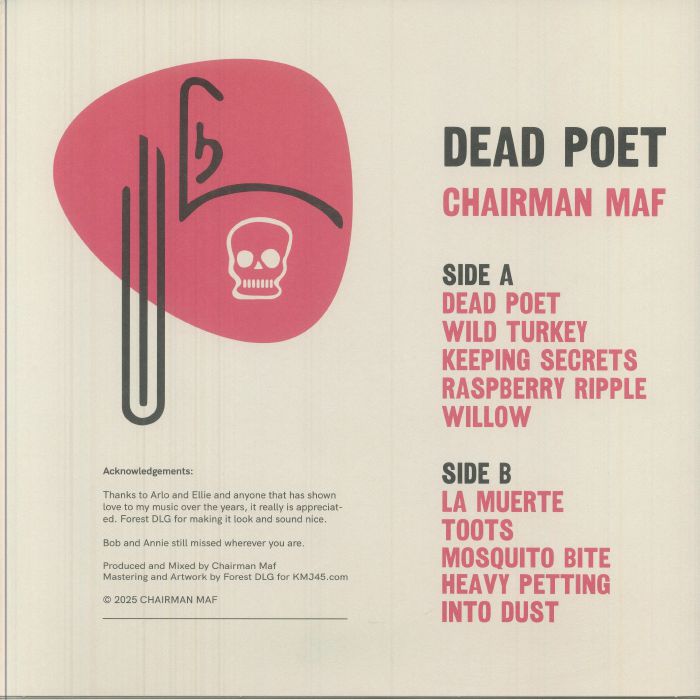 Dead Poet album by Chairman Maf with red skull logo and tracklist on beige background