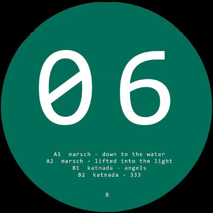 Green vinyl record label with white text showing tracklist for marsch and katnada on side B