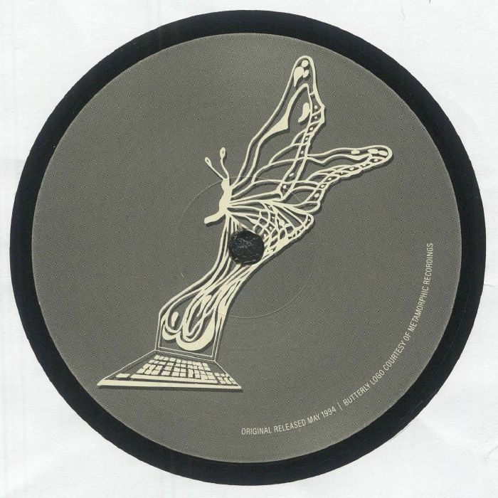 Record label design featuring a butterfly emerging from a computer keyboard with black and gray circular background