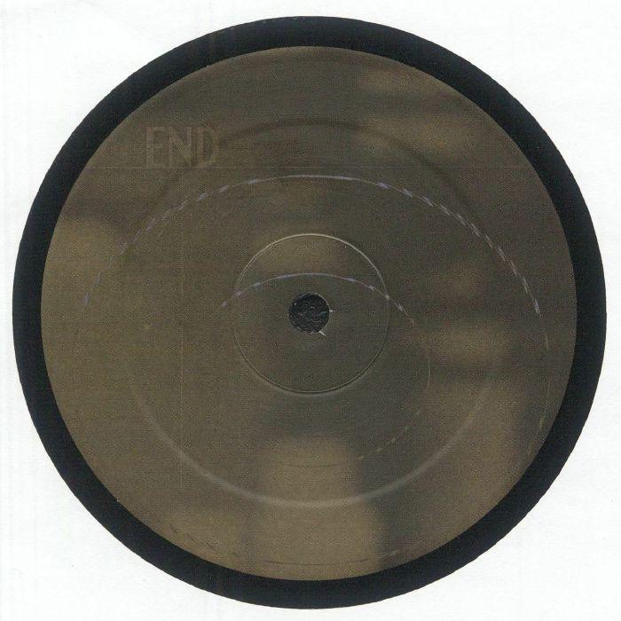 Black vinyl record with blank brown label and etched text END, minimalist design