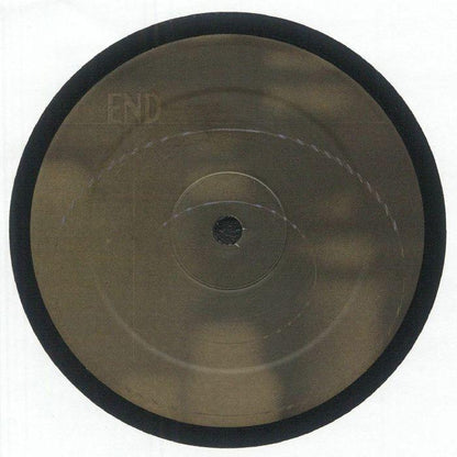 Black vinyl record with blank brown label and etched text END, minimalist design