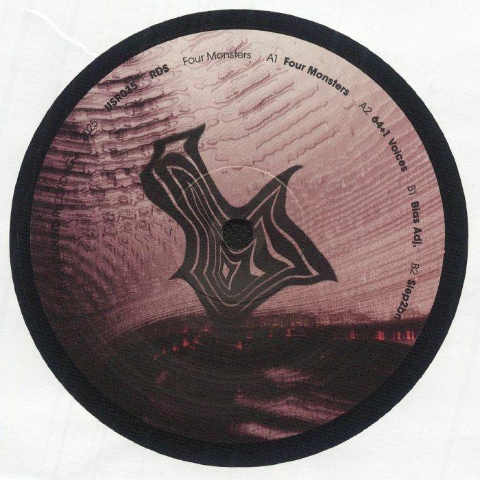 Vinyl record with abstract black logo, tracklist text, and wavy maroon background design.