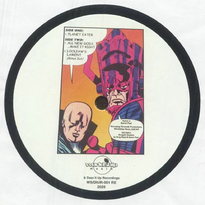 Vinyl record with comic-style artwork featuring two illustrated characters and tracklist text.