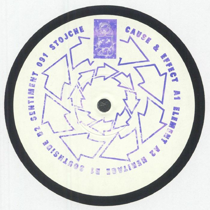 Vinyl record label with purple arrows spiral and text listing Stojche Cause & Effect tracks on white background
