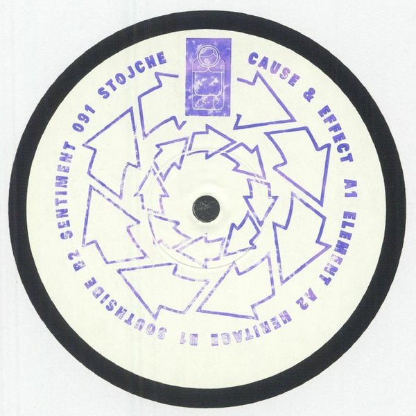 Vinyl record label with purple arrows spiral and text listing Stojche Cause & Effect tracks on white background