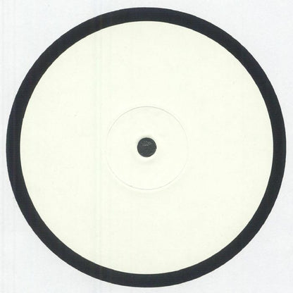 Minimalist vinyl record with white label and black outer ring on white background