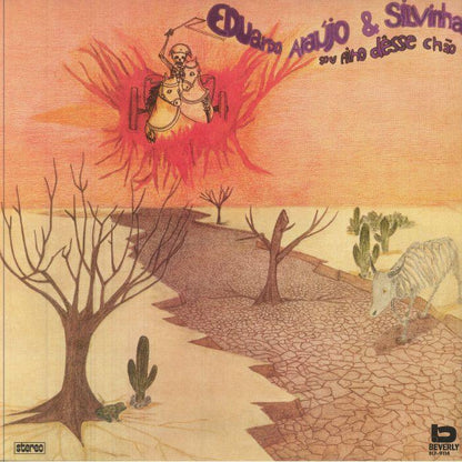 Surreal album cover with a skeleton in a chariot above a dry desert landscape, cracked earth, leafless trees, and a white bull.