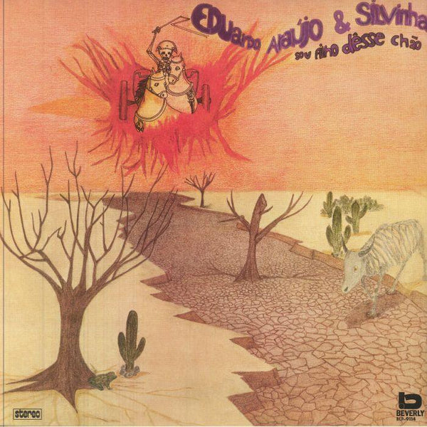 Surreal album cover with a skeleton in a chariot above a dry desert landscape, cracked earth, leafless trees, and a white bull.