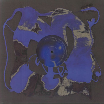 Abstract blue and black vinyl record cover with text on the center label