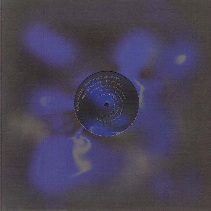 Vinyl record with black label and blue abstract background, Emily Jeanne Past Through Desire album