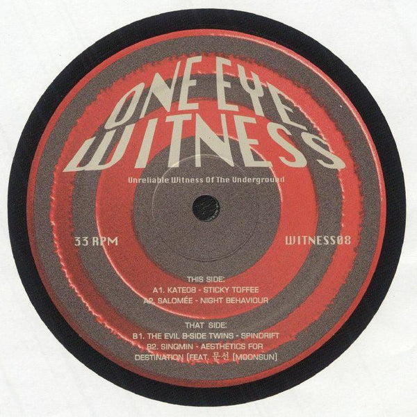 One Eye Witness record label with red and gray concentric circles, tracklist and artist names visible.