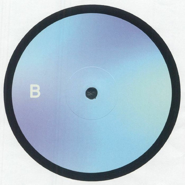 Close-up of vinyl record side B with gradient blue and purple label and black outer edge