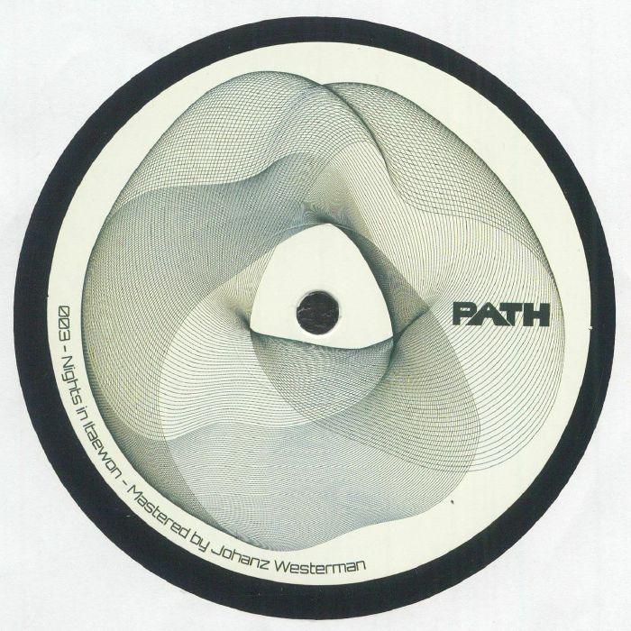 Abstract vinyl record label with geometric lines, text PATH, Nights in Itaewon mastered by Johanz Westerman