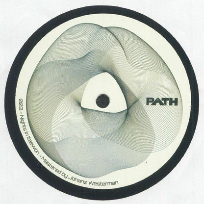 Abstract vinyl record label with geometric lines, text PATH, Nights in Itaewon mastered by Johanz Westerman