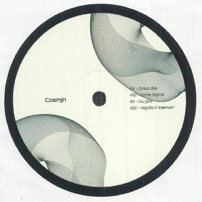 Minimalist vinyl record label with geometric line art, tracklist, and 'Cosmjn' text