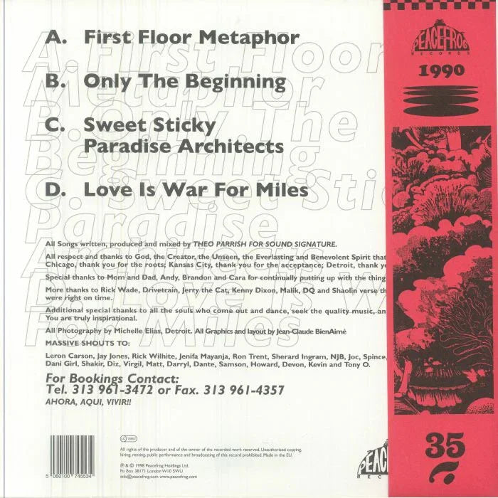 Back cover of a Theo Parrish vinyl record with tracklist, credits, and Peacefrog Records logo